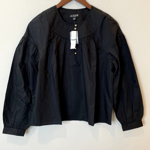 J.Crew Shirred Popover Top Cotton Poplin Long Sleeve Office Date CI522 Black XXS - Picture 3 of 15